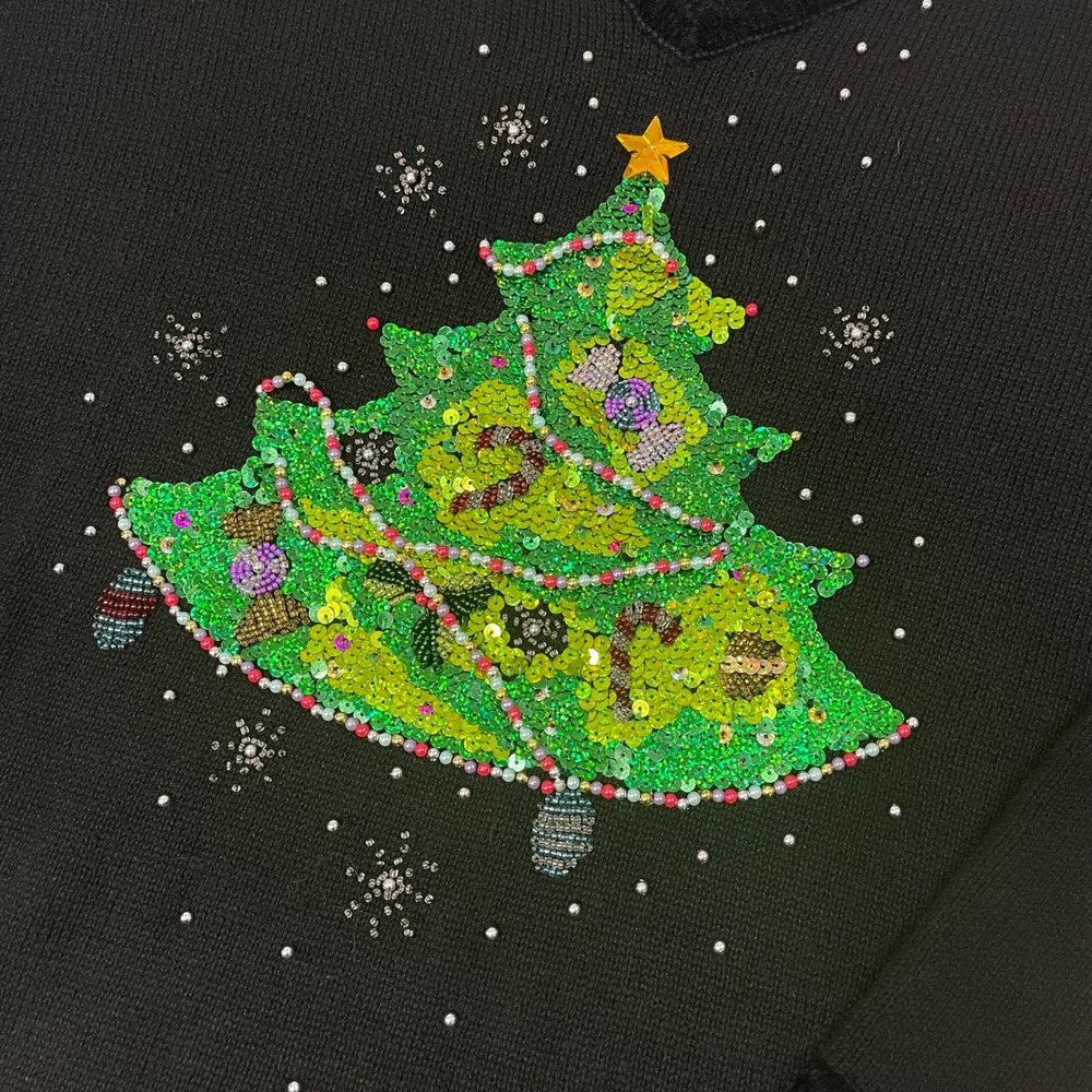 Quacker Factory Womens Beaded Sequin Christmas Tree V Neck Black Sweater Medium - Picture 4 of 11